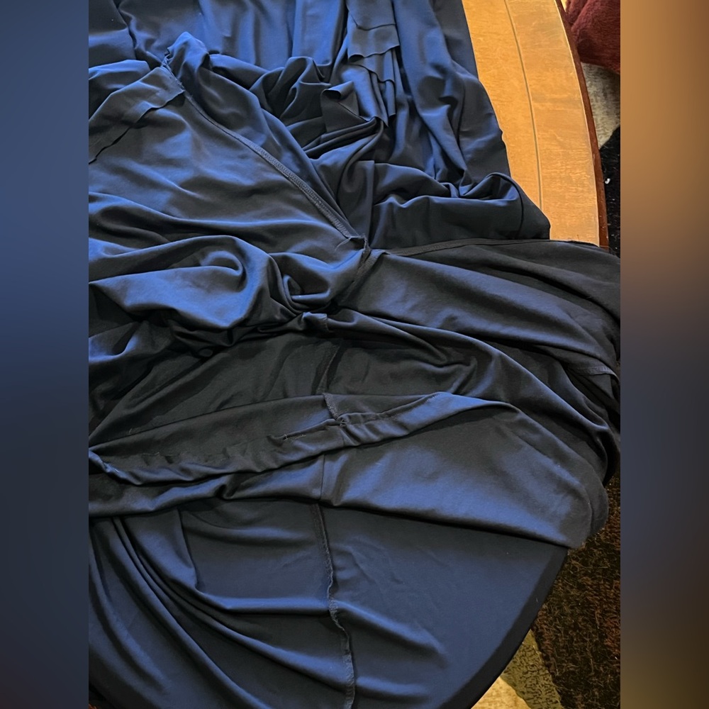 Marina evening formal dress. Cascade ruffle, lace sparkle bodice. Navy blue. 22 - Picture 14 of 16